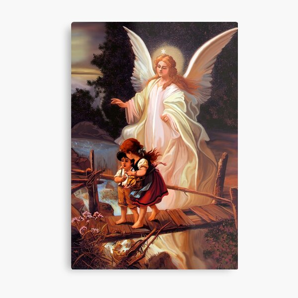 Catholic Tradition Guardian Angel With Children On Bridge Catholic Christian Vintage illustration Metal Print