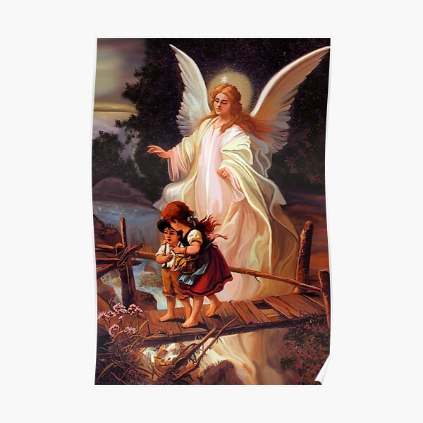 Catholic Tradition Guardian Angel With Children On Bridge Catholic Christian Vintage illustration Poster