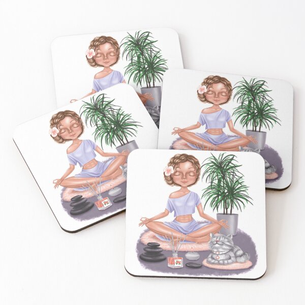 Item preview, A yogi girl meditates with a cat. For brown-haired women. designed and sold by NataHarmony.