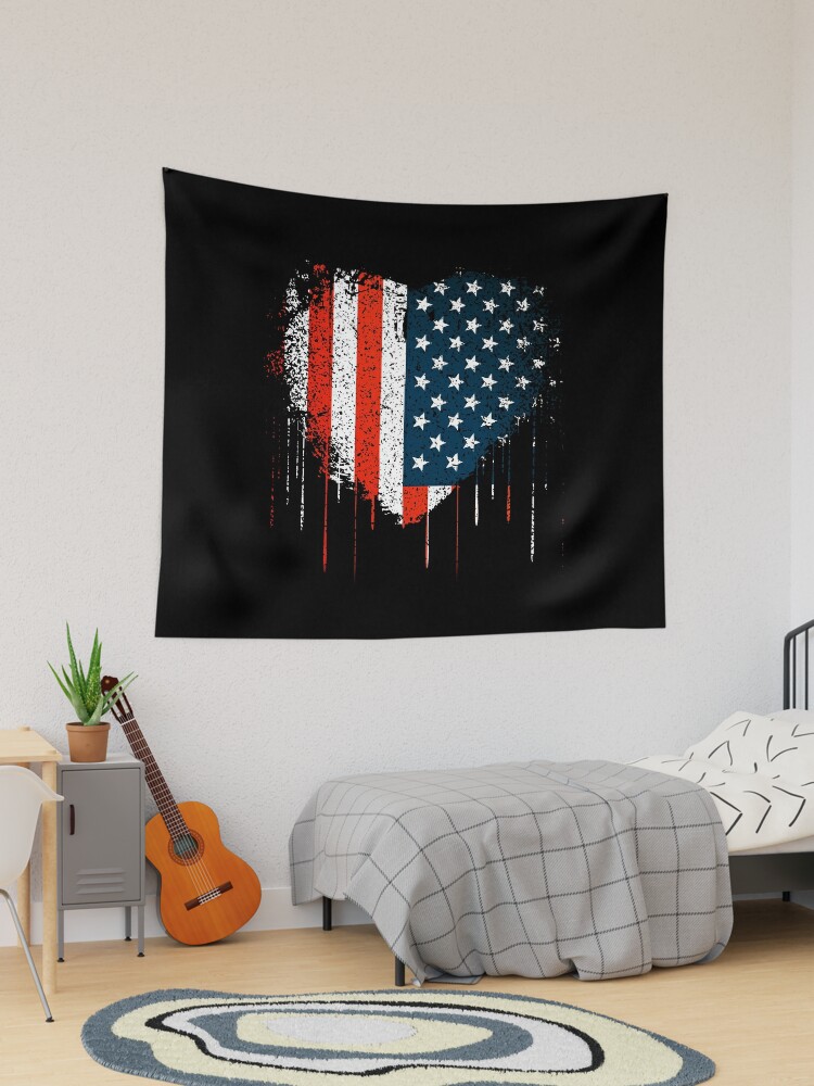 US Flag Heart Shaped Vintage Dripping Red White and Blue | Tapestry
