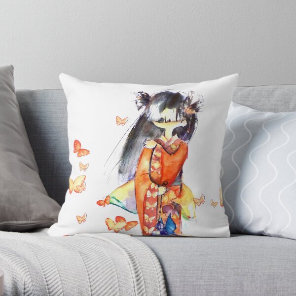 Japanese girl with lantern Throw Pillow