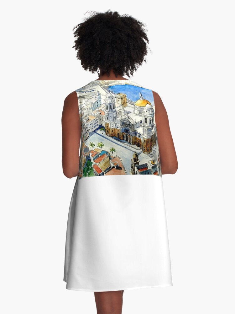 Imagen 3 de 4, Vestido acampanado con la obra Plaza de la Catedral de Cádiz, diseñada y vendida por Islakartare.