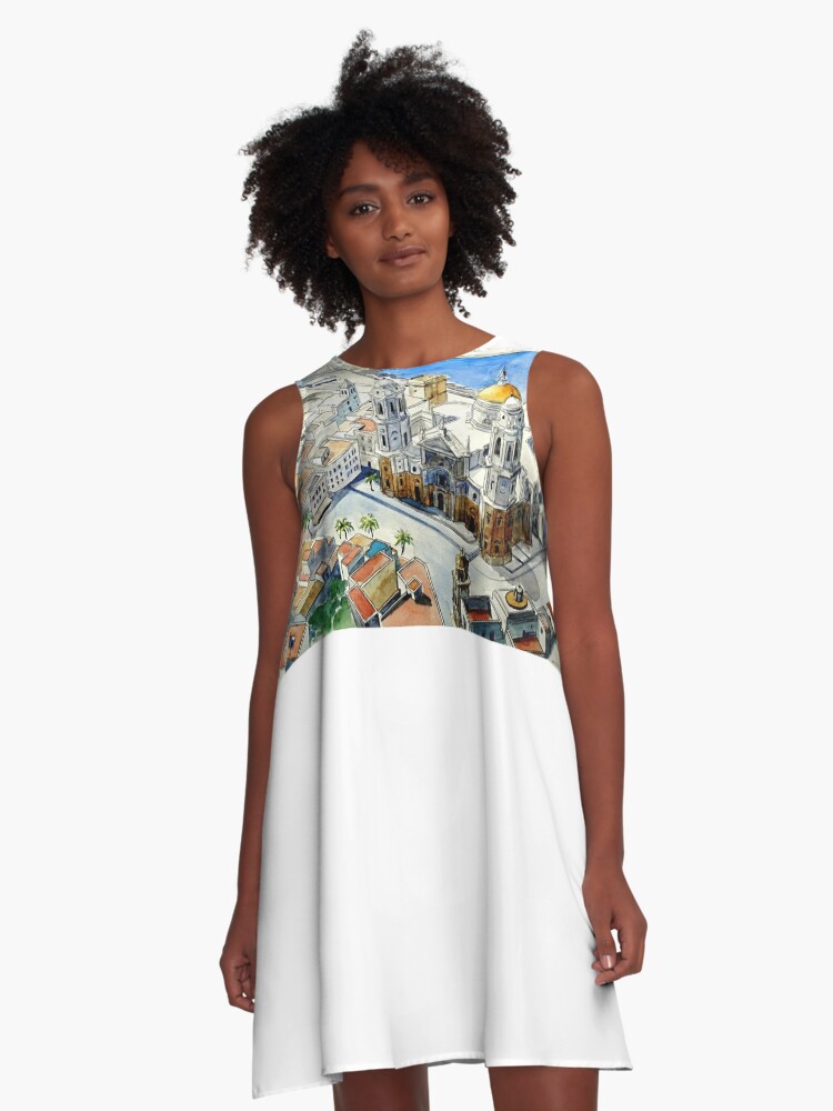 Imagen 1 de 4, Vestido acampanado con la obra Plaza de la Catedral de Cádiz, diseñada y vendida por Islakartare.
