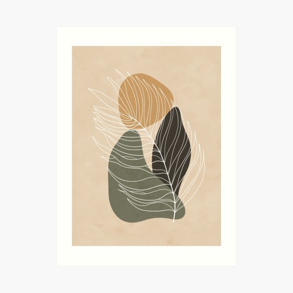 Minimalist landscape art with a palm leaf and three shapes Art Print