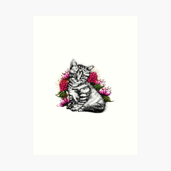Kitty with flowers Art Print