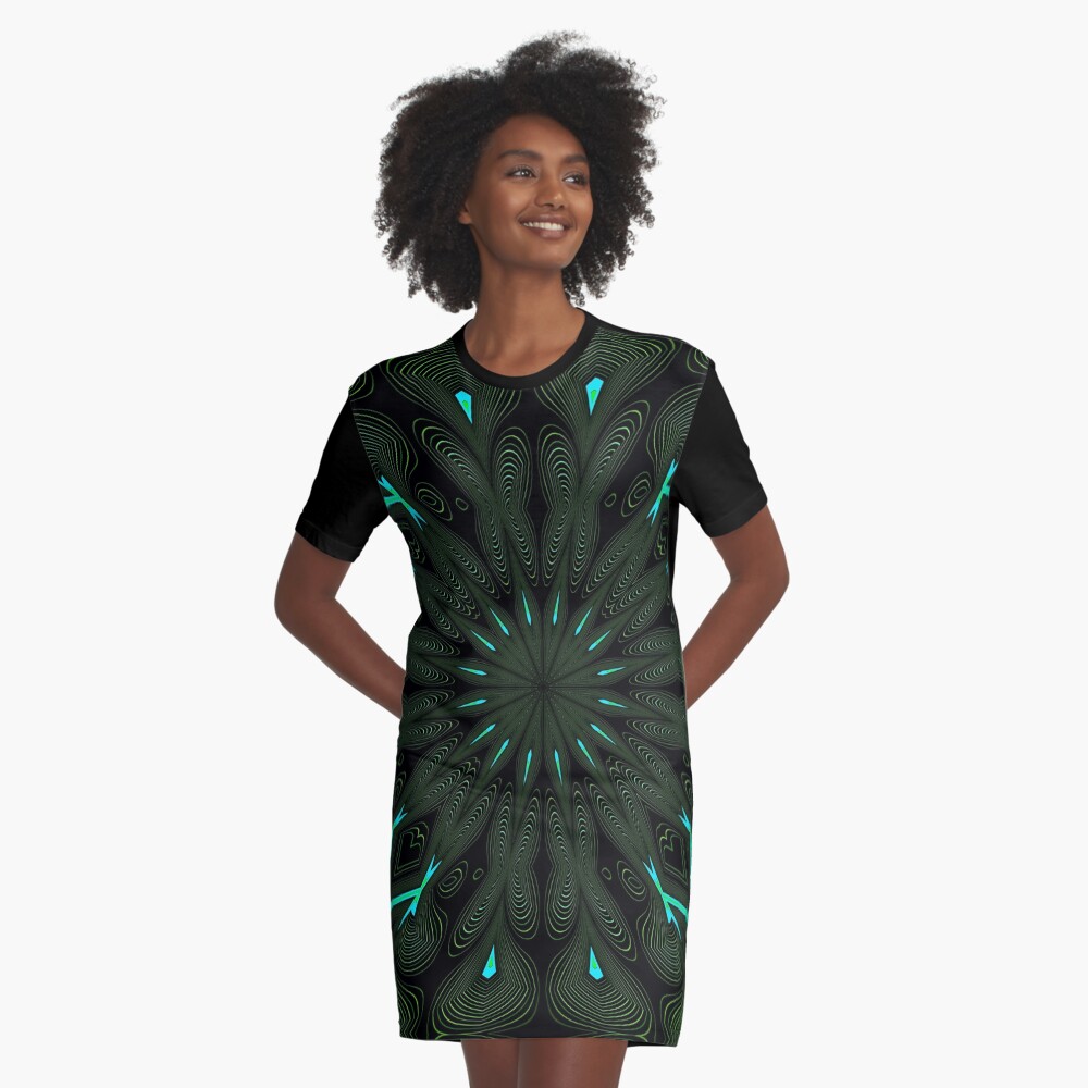 Fractal Madness - Neon Green Black Graphic T-Shirt Dress