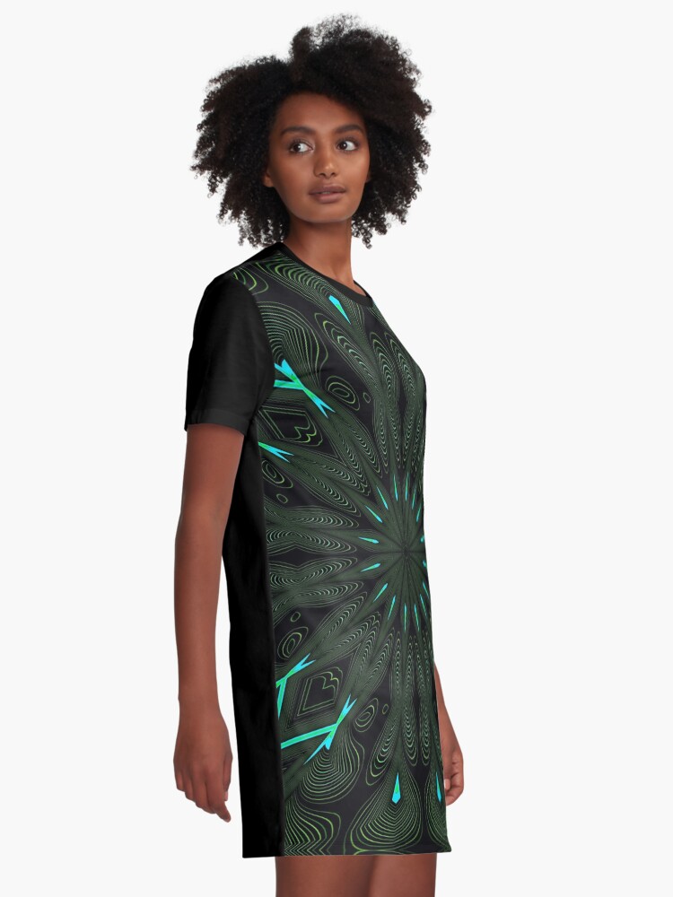 Alternate view of Fractal Madness - Neon Green Black Graphic T-Shirt Dress