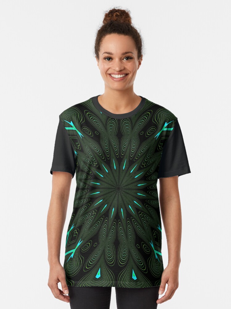 Alternate view of Fractal Madness - Neon Green Black Graphic T-Shirt