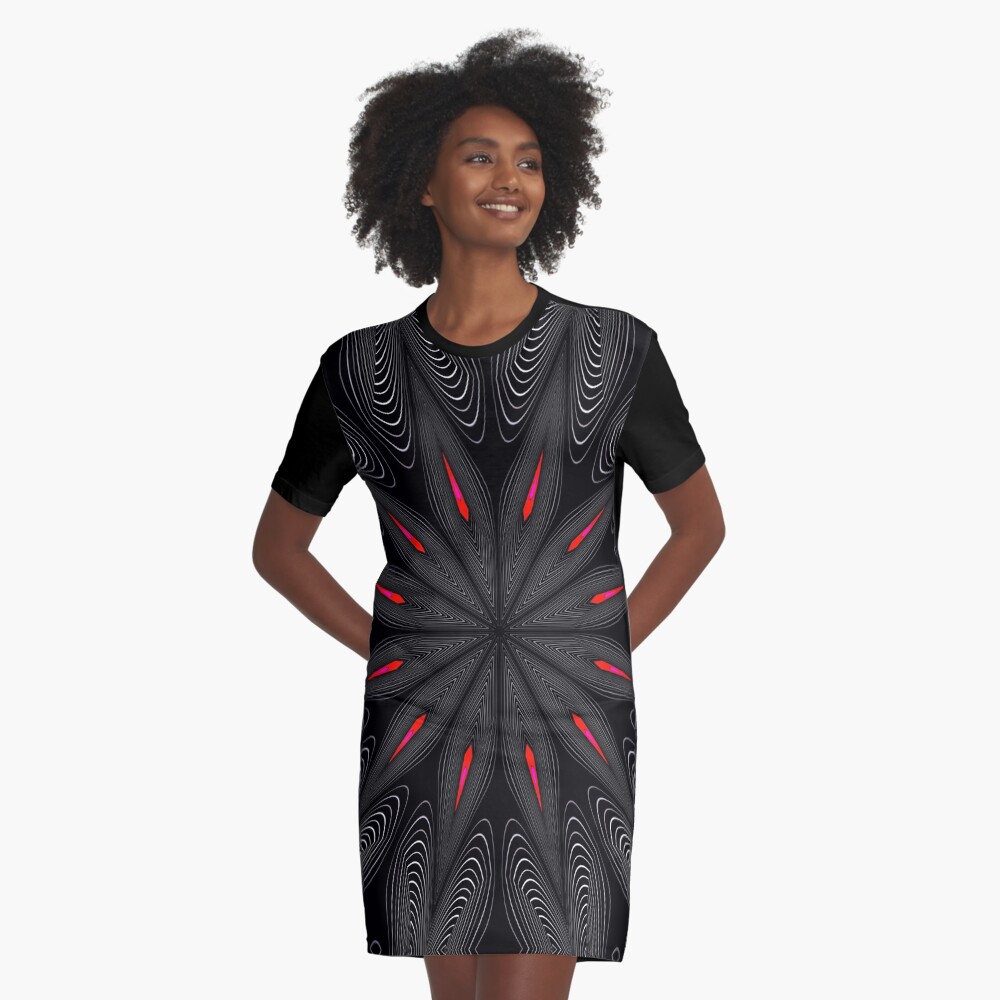 Fractal Madness - Neon Red Black 2 Graphic T-Shirt Dress