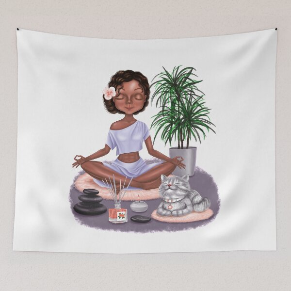 Item preview, An African-American yogi girl meditates with a cat. designed and sold by NataHarmony.