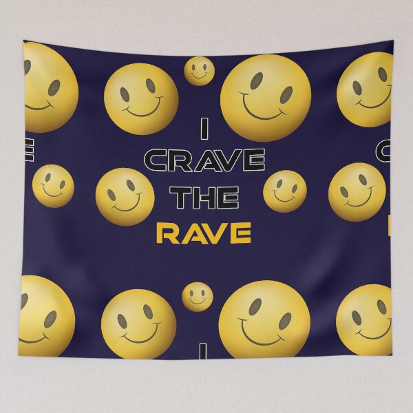 Item preview, I Crave The Rave - Save Our Scene - Acid Smilly Face - Yellow on Navy Blue designed and sold by NoMatterLab.