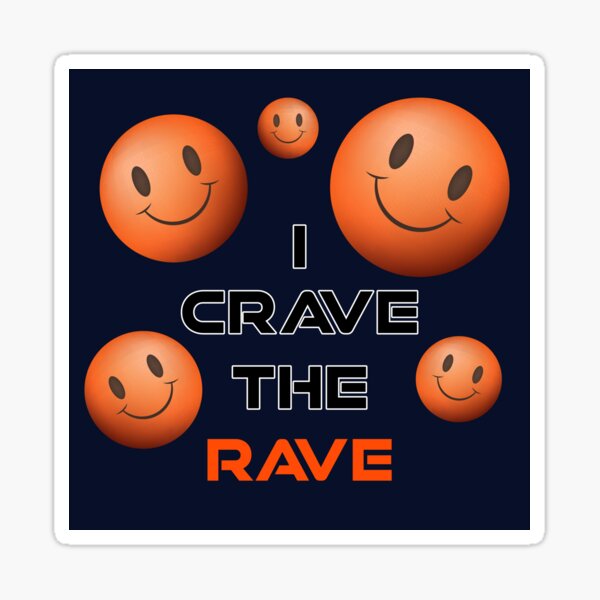 Aperçu de l'œuvre I Crave The Rave - Save Our Scene - Acid Smilly Face - Orange sur bleu foncé créée et vendue par NoMatterLab.