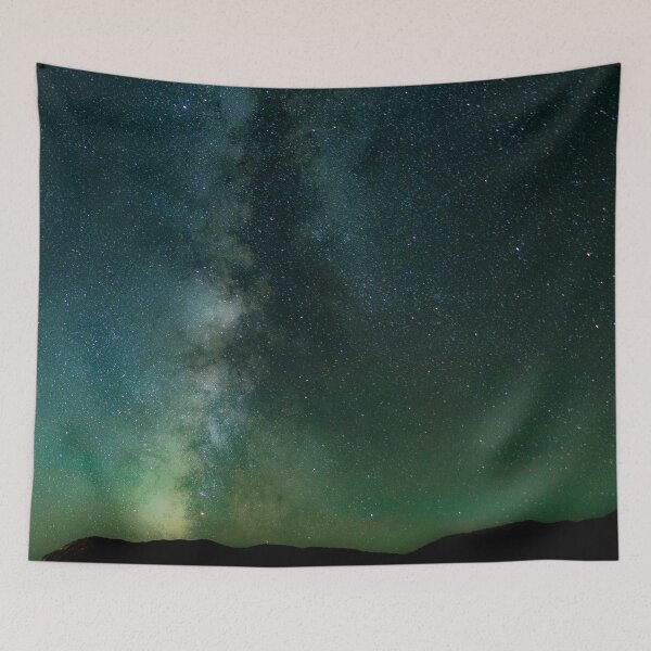 Item preview, Mountain top on aurora night, Teal Green dark aesthetic shiny tapestry, trendy home decor art, wall designed and sold by August-E.