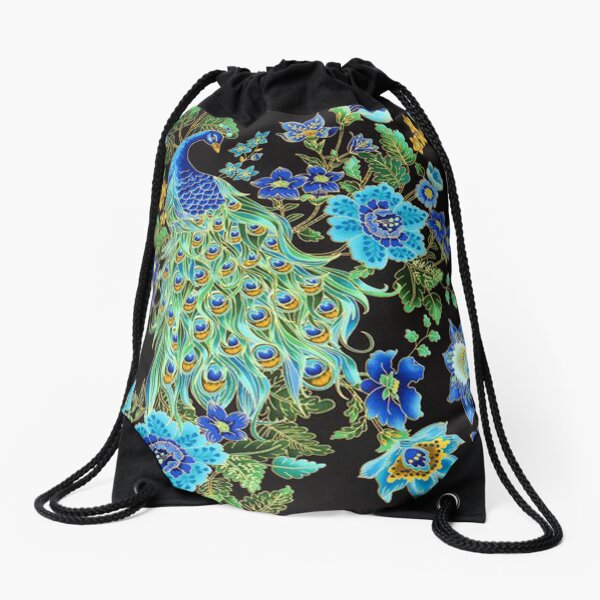 Peacock on Black Drawstring Bag