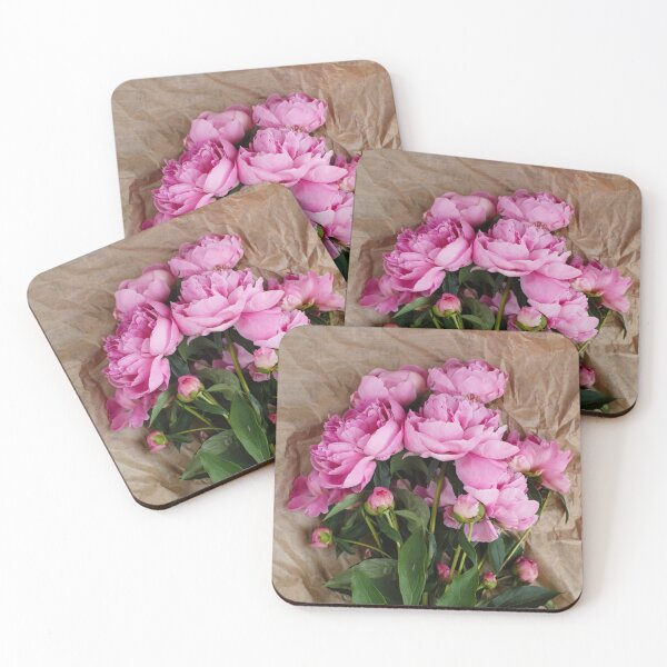 Item preview, Fluffy bouquet of pink peonies flowers in sunlight on wrinkled craft paper background, top view, Valentine`s day designed and sold by dariazu.