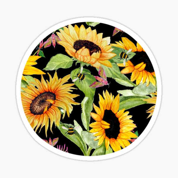 Honey bee , Sunflower , moth and peony in yellow, pink and lilac on black Sticker