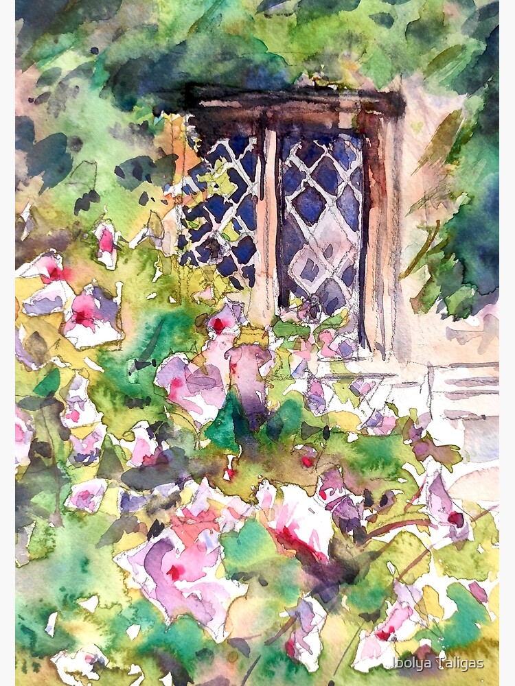 Watercolour garden painting - Garden flowers - Cottage window