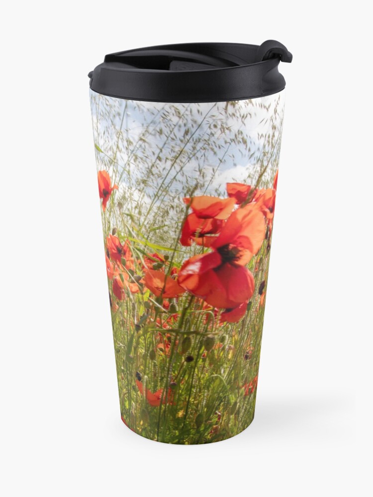 Alternate view of Close up photograph of a poppy field Travel Coffee Mug