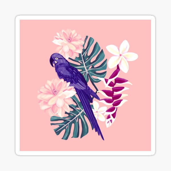 Tropical Blue Parrot With Flowers and Monstera Leaves Sticker