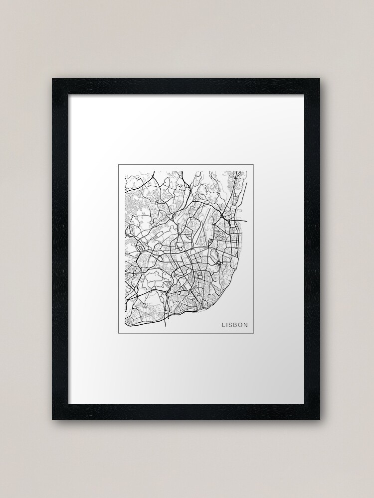 Lissabon Karte Portugal Schwarz Und Weiss Gerahmter Kunstdruck Von Mainstreetmaps Redbubble