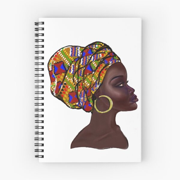 Item preview, Afro queen With Kinte headwrap- Mahagony brown skin girl with thick glorious, curly Afro Hair and gold hoop earrings designed and sold by Artonmytee.