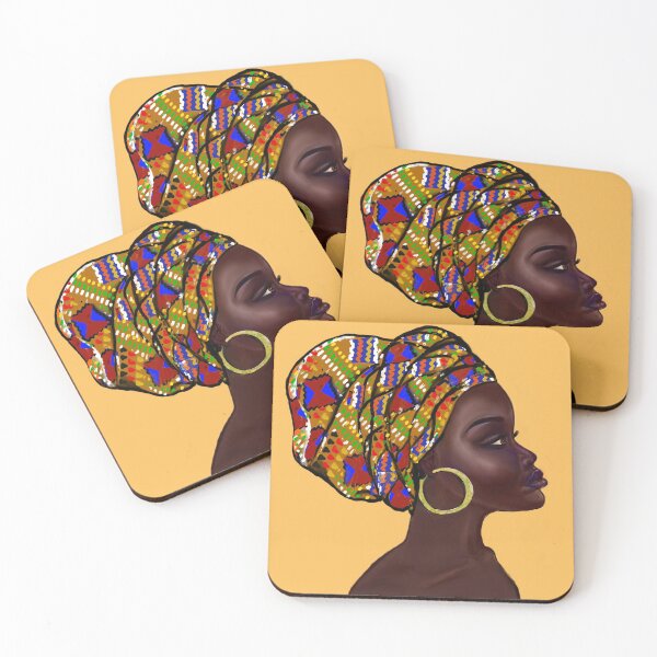 Item preview, Afro queen With Kinte headwrap- Mahagony brown skin girl with thick glorious, curly Afro Hair and gold hoop earrings designed and sold by Artonmytee.