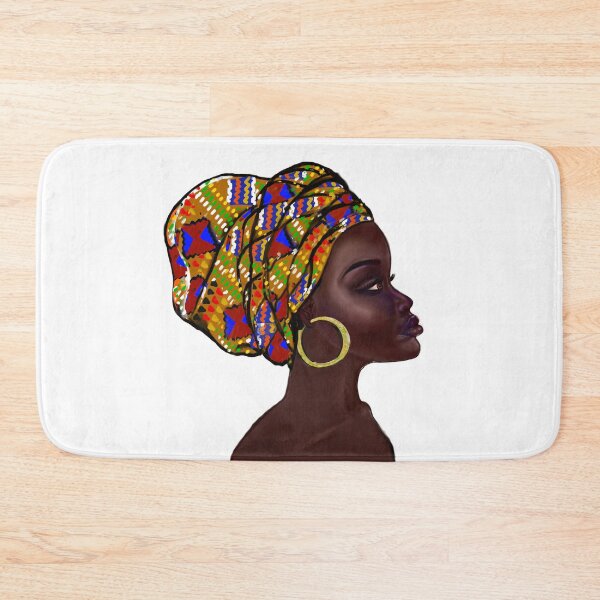 Item preview, Afro queen With Kinte headwrap- Mahagony brown skin girl with thick glorious, curly Afro Hair and gold hoop earrings designed and sold by Artonmytee.