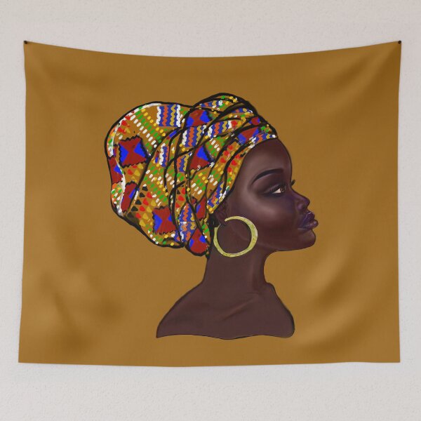 Item preview, Afro queen With Kinte headwrap- Mahagony brown skin girl with thick glorious, curly Afro Hair and gold hoop earrings designed and sold by Artonmytee.