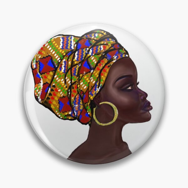 Item preview, Afro queen With Kinte headwrap- Mahagony brown skin girl with thick glorious, curly Afro Hair and gold hoop earrings designed and sold by Artonmytee.