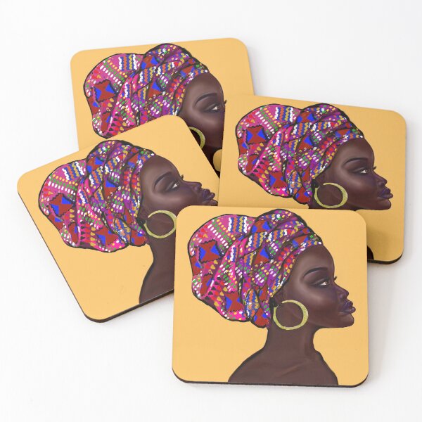 Item preview, Afro queen With pink Kinte headwrap- Mahagony brown skin girl with thick glorious, curly Afro Hair and gold hoop earrings designed and sold by Artonmytee.