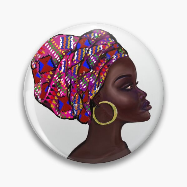 Item preview, Afro queen With pink Kinte headwrap- Mahagony brown skin girl with thick glorious, curly Afro Hair and gold hoop earrings designed and sold by Artonmytee.