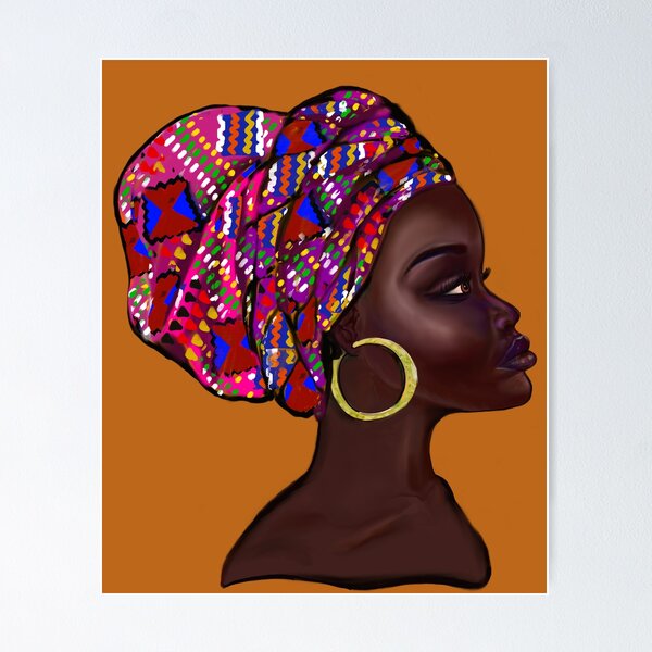 Item preview, Afro queen With pink Kinte headwrap- Mahagony brown skin girl with thick glorious, curly Afro Hair and gold hoop earrings designed and sold by Artonmytee.