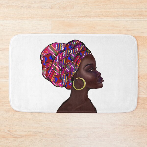 Item preview, Afro queen With pink Kinte headwrap- Mahagony brown skin girl with thick glorious, curly Afro Hair and gold hoop earrings designed and sold by Artonmytee.