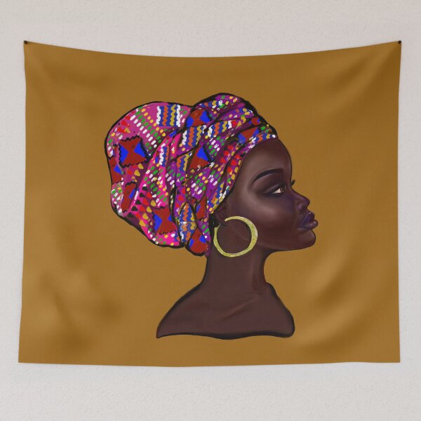 Item preview, Afro queen With pink Kinte headwrap- Mahagony brown skin girl with thick glorious, curly Afro Hair and gold hoop earrings designed and sold by Artonmytee.