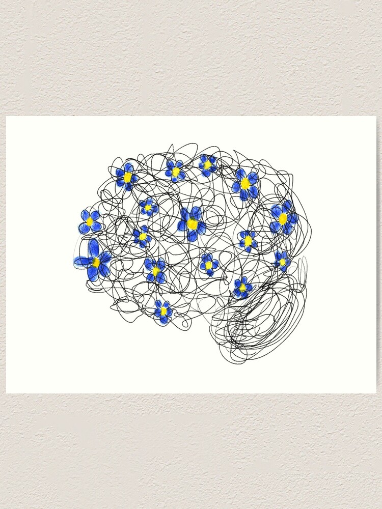 "Abstract Watercolor Brain with Flowers Psychology" Art Print by