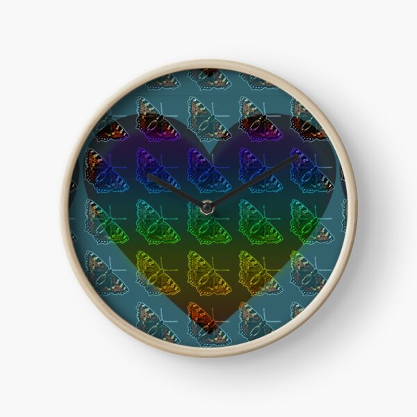 Diversity and tolerance: neon rainbow butterflies heart shape blue photo design Clock