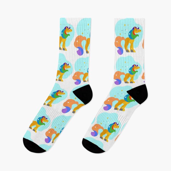 Item preview, El unicornio de colores brillantes está parado en el piso, su cola bastante larga sobre un fondo azul claro. designed and sold by WP-7824.