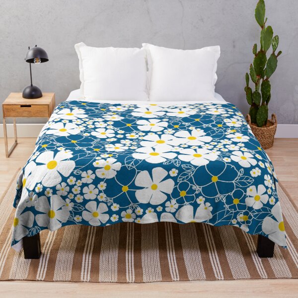 Hand Drawn Pattern With White Flowers On The Navy Background Throw Blanket