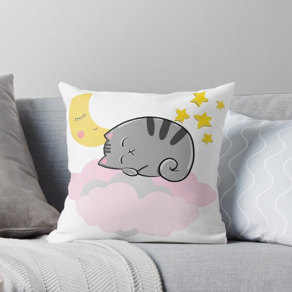 Item preview, Grey Cat Sleeping on Pink & Grey Clouds with Yellow Moon & Stars designed and sold by SuperKawaiiMoon.