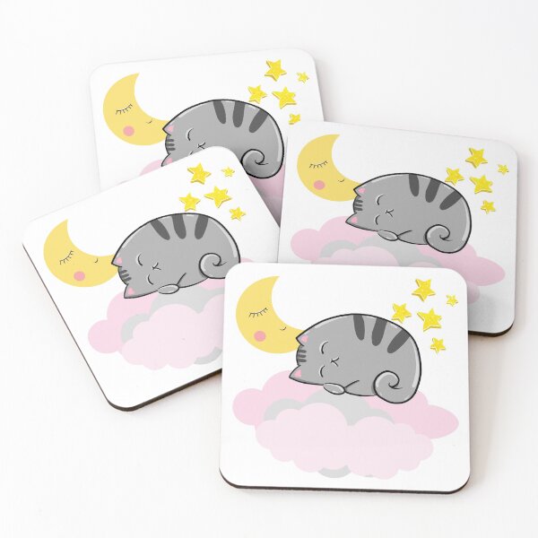 Item preview, Grey Cat Sleeping on Pink & Grey Clouds with Yellow Moon & Stars designed and sold by SuperKawaiiMoon.