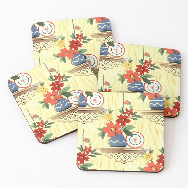 Item preview, Retro Kitchen Vintage Wallpaper Floral Pattern in Red Blue Harvest Gold Burnt Orange Terra Cotta Colors designed and sold by kmcs.