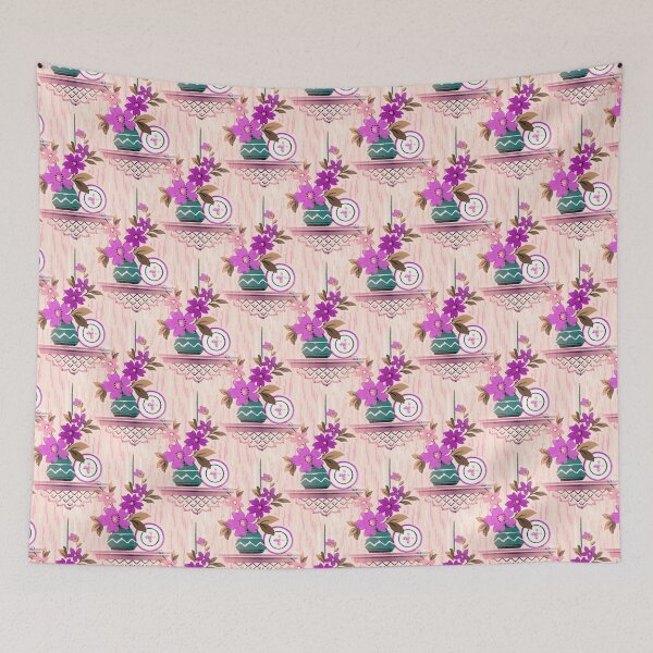 Item preview, Retro Kitchen Vintage Wallpaper Floral Pattern in Purple Lilac Violet Pink Teal Colors designed and sold by kmcs.