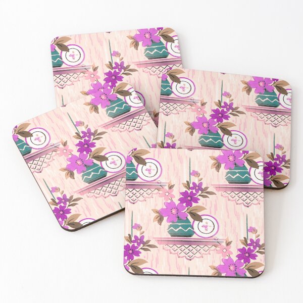 Item preview, Retro Kitchen Vintage Wallpaper Floral Pattern in Purple Lilac Violet Pink Teal Colors designed and sold by kmcs.