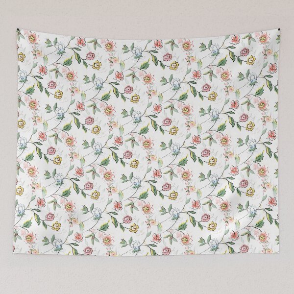 Item preview, Vintage Wallpaper Floral Pattern in Mustard Yellow Mauve Pink Light Blue Colors designed and sold by kmcs.