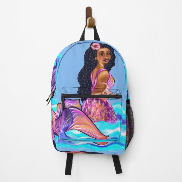 Item preview, Mermaid with rainbow coloured colored fins, hibiscus, outstretched arm, brown eyes, Curly hair and caramel brown skin - light background designed and sold by Artonmytee.