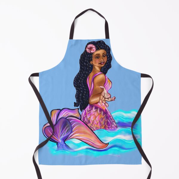 Item preview, Mermaid  with rainbow coloured colored fins, hibiscus, outstretched  arm, brown eyes, Curly hair  and caramel brown skin - light background designed and sold by Artonmytee.