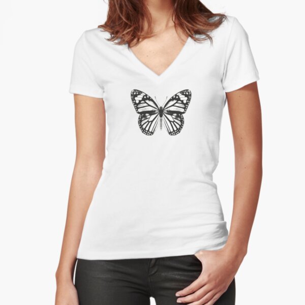 Monarch Butterfly Pattern | Monarch Butterfly | Vintage Butterflies | Butterfly Patterns | Black and White | Fitted V-Neck T-Shirt