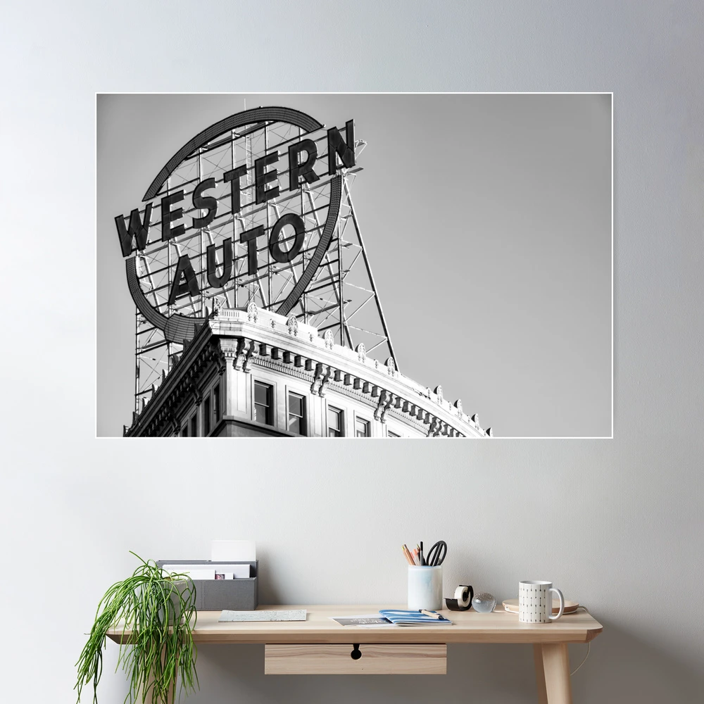 Selling Western Auto Neon Print, Kansas City Skyline, Architectural Art, Black and White, Monochrome Wall Decor, Missouri Wall Art, Square Art