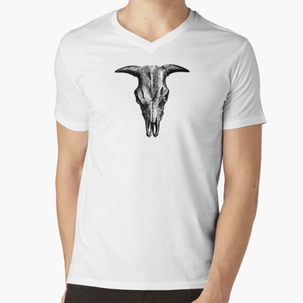 Vintage Animal Skull | Bull Skull | Steer Skull | Cow Skull | Sheep Skull | Horned Skull | Black and White | V-Neck T-Shirt