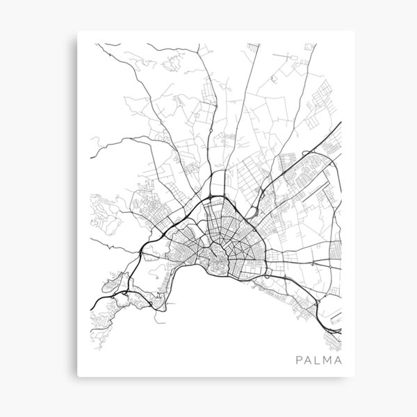 Palma Map, Spain - Black and White Metal Print